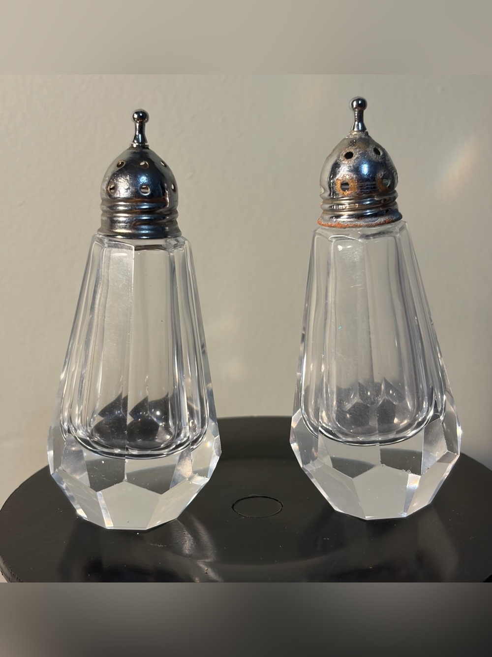 Cut Crystal Salt & Pepper Shakers Silver Plated Art Deco Style 4” Octagon Shape